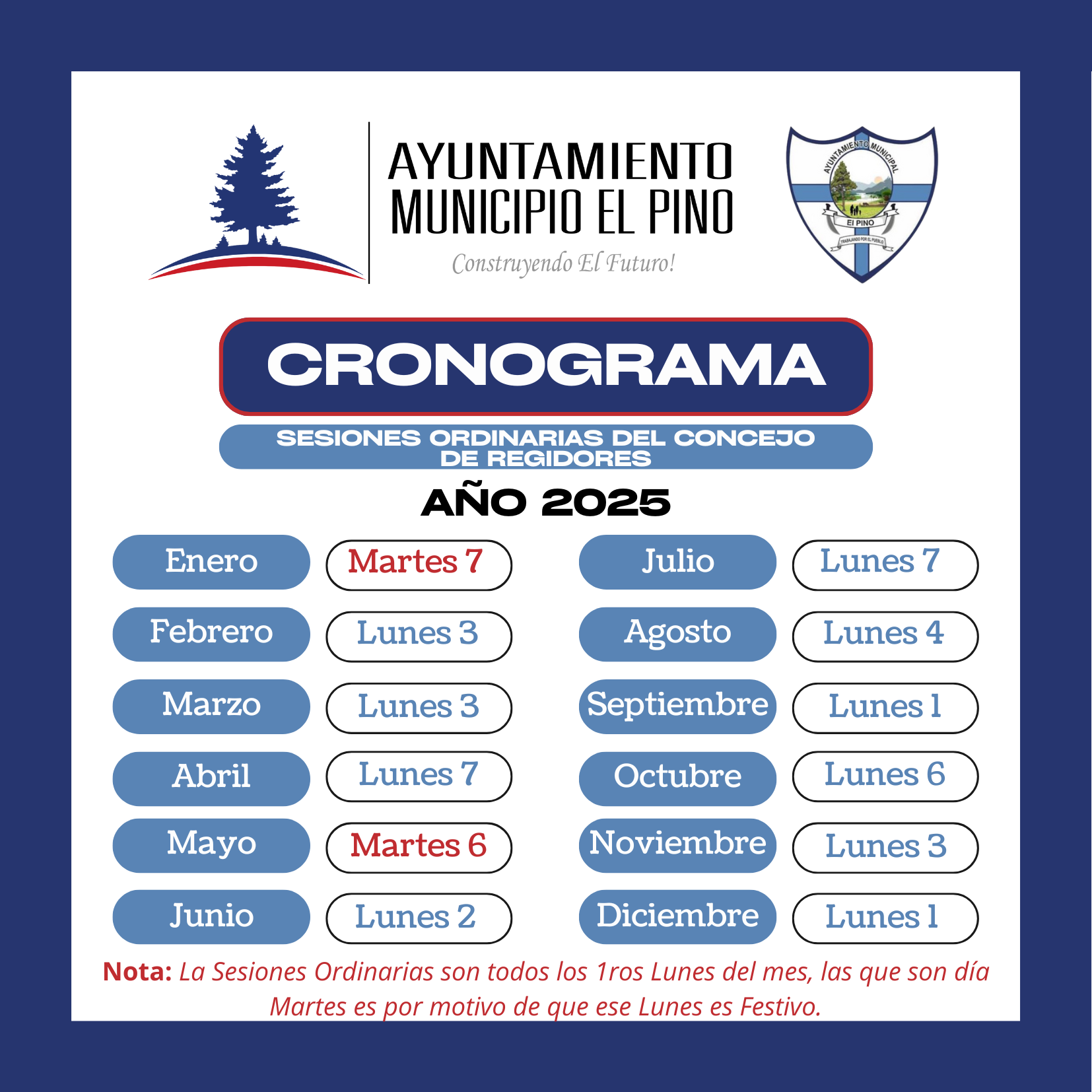 Calendario de las Sesiones Ordinarias del Concejo de Regidores para el Año 2025
